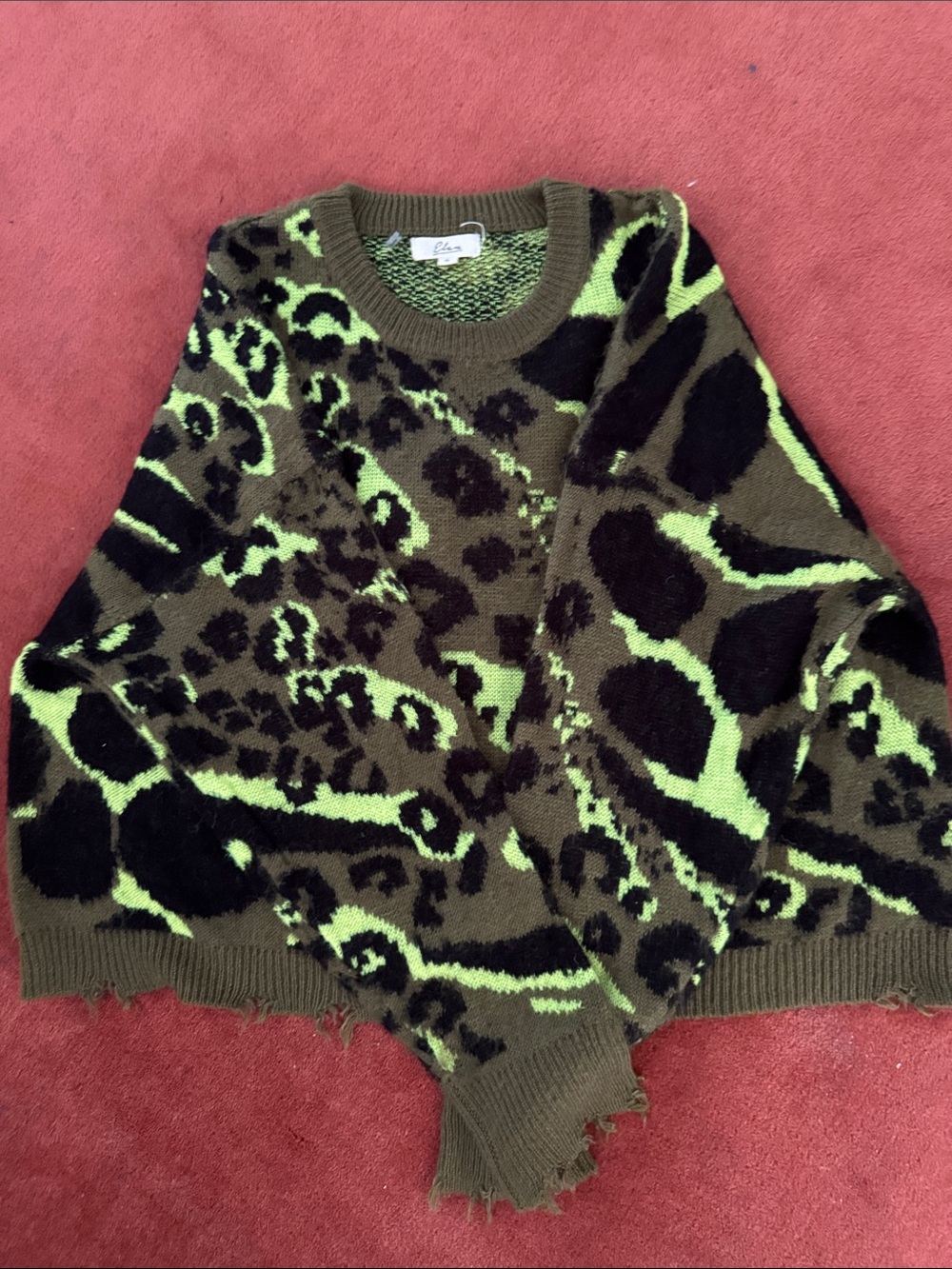 Elan Olive & Neon Green Leopard Crewneck Sweater